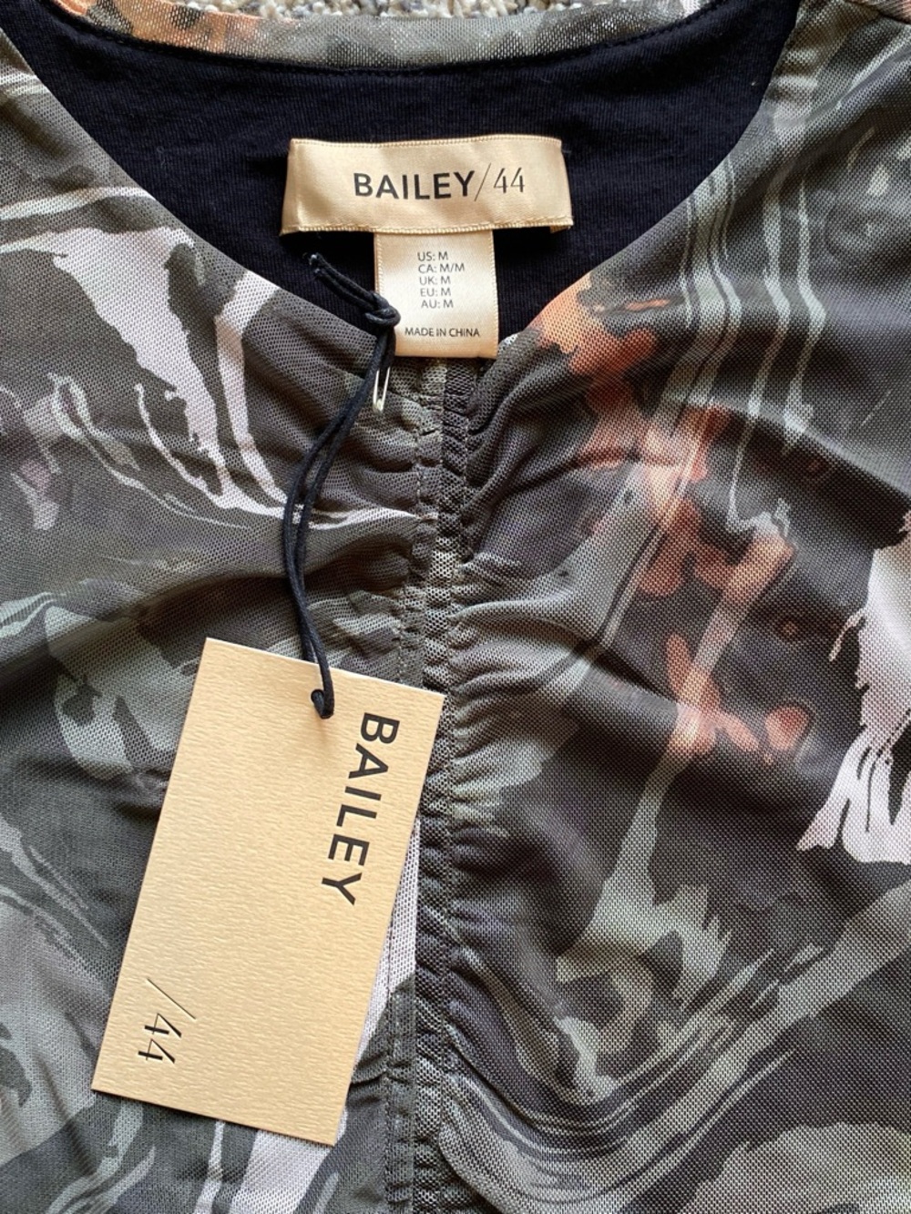 Bailey 44 Black Swirl Mesh Ruched Long-Sleeve Top with Peach Accents - Picture 2 of 7